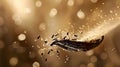 Abstract dark form emitting golden glitter and small particles in dynamic motion with cinematic lighting and warm Royalty Free Stock Photo