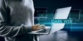 Abstract dark web text over hacker holding and using notebook computer on blurry background. Hacking and attack concept. Double Royalty Free Stock Photo