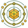 Abstract data analysis icon with a central radar chart and orbital network connections Royalty Free Stock Photo