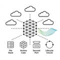 Abstract Data Filtering Network Illustration Featuring a Central Hexagonal Node Connected to Cloud Icons File Stack Archive Cube Royalty Free Stock Photo