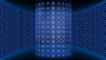 Abstract data flow background - binary code arranged in cylinder form with light effects in front of a virtual studio wall