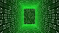 Abstract data flow background - green glowing room with walls made of binary code digits Royalty Free Stock Photo