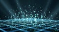 Abstract data flow visualization with glowing blue binary code numbers and intricate grid pattern representing digital information Royalty Free Stock Photo
