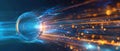 Abstract data flow visualization with particle streams, central sphere, and high-tech innovation Royalty Free Stock Photo