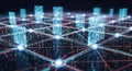 Abstract Data Network with Glowing Connections and Binary Code Pillars Royalty Free Stock Photo