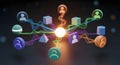 Abstract data network visualization with glowing central sphere connecting diverse user icons and geometric shapes via wavy lines Royalty Free Stock Photo