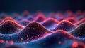 Abstract data visualization concept. Network of glowing particles forms wavy patterns. Suggests future tech, global