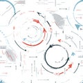 Abstract Data Visualization Elements with Arrows, Circular Patterns, and Graph Motifs in Red, Blue, and Black on White Royalty Free Stock Photo