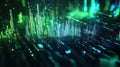 Abstract Digital Cityscape Data Visualization, Green Blue Light Streaks and Glowing Particles Royalty Free Stock Photo