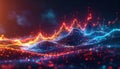 Abstract data visualization with glowing blue and orange peaks and valleys made of tiny digital light particles Royalty Free Stock Photo