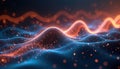 Abstract data visualization shows dynamic trends, complex data flow. Colorful lines, glowing particles form wavy patterns.