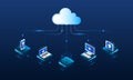 Abstract datacenter, network system. Web hosting vector banner. Isometric Cloud computing, media server. 3d Futuristic Hosting