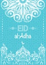 Abstract decorated greeting card for Muslim festival of sacrifice. Ornamental pattern silhouette mosque. Lettering Eid al-Adha Royalty Free Stock Photo