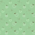 Seamless green background with decorative apples with a leaf