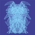 Abstract decorative beetle in cyanotype style, outline gently cyan color. Pattern isolated on blue background. Surreal
