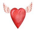 Abstract decorative element. Big flying red heart with angel wings. Valentine`s Day. Hand drawn watercolor illustration Royalty Free Stock Photo