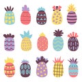 Abstract decorative pineapple. Contemporary design pineapples, modern fruits stickers. Juice textured elements, baby