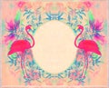 Abstract decorative pink card with flamingos - floral frame