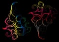 Abstract decorative rainbow shapes on a black background.