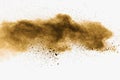 Abstract deep brown dust explosion on white background. Freeze motion of coffee liked color dust splash