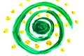 Abstract deep green swirls, mixed paint colors whith yellow dots