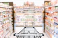 Abstract Defocused Blurred of Consumer Goods and Shopping Cart in Supermarket Store, Shop Trolley Basket in Department Store. Royalty Free Stock Photo
