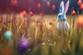 Abstract Defocused Easter Scene - Ears Bunny Behind Grass And Decorated Eggs In Flowery Field. Generative AI Royalty Free Stock Photo