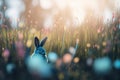 Abstract Defocused Easter Scene - Ears Bunny Behind Grass And Decorated Eggs In Flowery Field. Generative AI