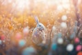 Abstract Defocused Easter Scene - Ears Bunny Behind Grass And Decorated Eggs In Flowery Field. Generative AI Royalty Free Stock Photo