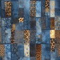 Abstract Denim-Inspired Textile Collage with Diverse Animal Prints