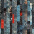 Abstract Denim Quilt Art with Red Stitches and Textured Stripes