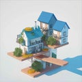 Abstract depiction balances currency and housing, rendered in 3D