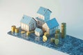 Abstract depiction balances currency and housing, rendered in 3D