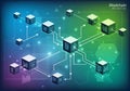 Abstract depiction of blockchain architecture featuring interconnected cubes against a gradient Royalty Free Stock Photo