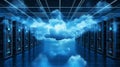 An abstract depiction of cloud computing with servers and data clouds, illustrating the scale and flexibility of cloud