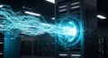 Abstract depiction of massive data transfer and energy flow within a futuristic server rack infrastructure Royalty Free Stock Photo