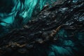 Abstract depiction of an oil spill in a body of water, with colors ranging from dark blues to murky greens and black
