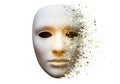 Abstract depiction of a white, expressionless mask dissolving into a digital cloud of particles. Royalty Free Stock Photo