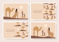 Abstract desert background set of asian girls, camel, cactus and moon icon. Oriental flyer illustration in minimalistic style.