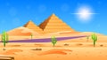 Abstract Desert Background Summer With Sun, Sand, Cactus, Pyramids, Road Vector Design Style Nature Landscape Royalty Free Stock Photo