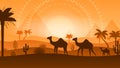 Abstract Desert Background Summer With Sun, Sand, Camels, Cactus Vector Design Nature Landscape Royalty Free Stock Photo