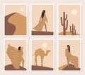 Abstract desert posters set of asian girls, camel, cactus and moon in minimalistic style. Oriental vector illustration in brown an