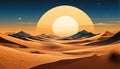 abstract desert scene with triangular sand dunes and a single circular sun, using sharp lines and subtle gradients