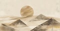abstract desert scene with triangular sand dunes and a single circular sun, using sharp lines and subtle gradients