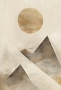 abstract desert scene with triangular sand dunes and a single circular sun, using sharp lines and subtle gradients