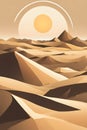 abstract desert scene with triangular sand dunes and a single circular sun, using sharp lines and subtle gradients