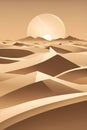 abstract desert scene with triangular sand dunes and a single circular sun, using sharp lines and subtle gradients