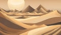 abstract desert scene with triangular sand dunes and a single circular sun, using sharp lines and subtle gradients