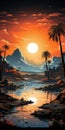 Retrocession Camping Poster: Desert Oasis With Silhouette Of Palm Trees Royalty Free Stock Photo