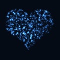 Abstract design - blue glitter particles in heart shape. Glowing sparkling particles on dark background
